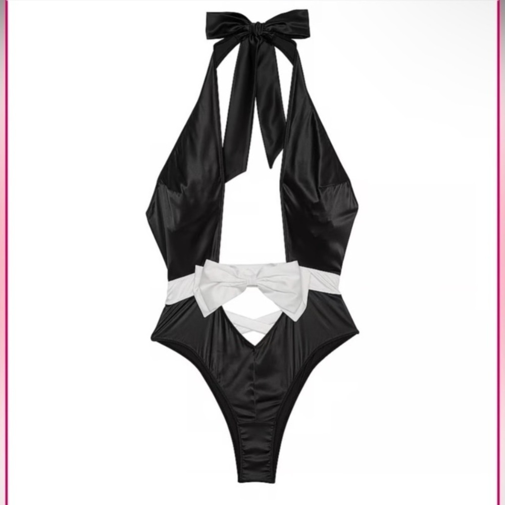 New! Victoria’s Secret Bow-Topped High-Neck Teddy black 4315